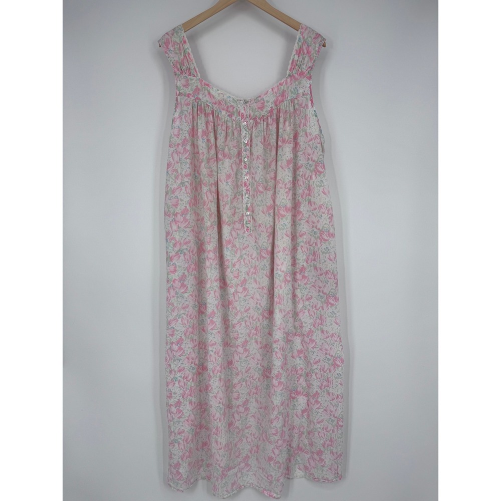 Eileen West Nightgown Size L Pink Floral Cotton Traditional Lace Cottagecore